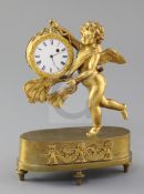 An early 19th century ormolu mantel timepiece, modelled as cupid, with cylinder escapement watch