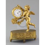 An early 19th century ormolu mantel timepiece, modelled as cupid, with cylinder escapement watch