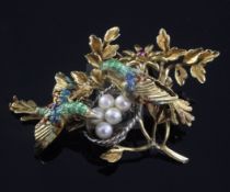 An early 1960's 18ct gold, enamel and cultured pearl set 'birds nest' brooch, with two enamelled