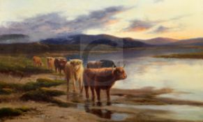 Douglas Cameron (fl.1880-1910)oil on canvasHighland cattle beside a lochsigned24 x 40in., unframed