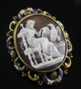 A Victorian gold and polychrome enamel mounted oval cameo brooch carved with Jupiter and eagle,