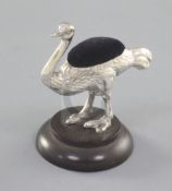 An Edwardian silver mounted novelty Ostrich pin cushion, by Levi & Salaman, Birmingham, 1907, on