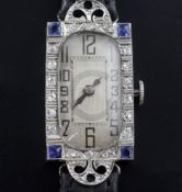 A lady's 1920's/1930's platinum, sapphire and diamond set cocktail watch, with rectangular Arabic
