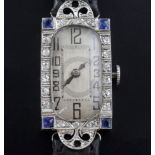 A lady's 1920's/1930's platinum, sapphire and diamond set cocktail watch, with rectangular Arabic