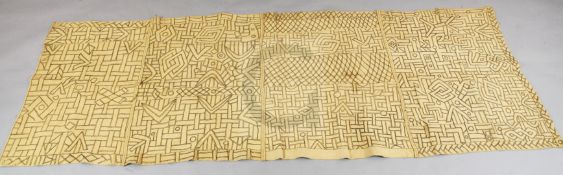 Two panels of 20th century Kuba palm fibre raffia cloth panels from Zaire, embroidered with