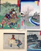 A group of Japanese Ukiyo-e by Hiroshige, Kunisada and others, comprising three woodblocks by