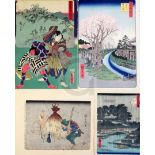 A group of Japanese Ukiyo-e by Hiroshige, Kunisada and others, comprising three woodblocks by