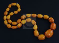 A single strand graduated oval amber bead necklace, gross weight 83 grams, 62cm.