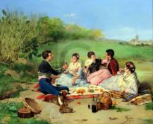 J. Ruiz (19th C. Spanish)oil on mahogany panel'A Spanish Picnic'signed and dated Seville 188114.5