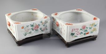 A pair of Chinese famille rose square narcissus pots, 19th century, each painted with four bats, the