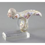 A Meissen 'Frauen Kopf' cane handle, 19th century, painted with floral sprays, unmarked, length