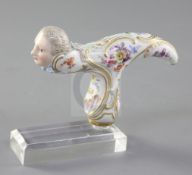 A Meissen 'Frauen Kopf' cane handle, 19th century, painted with floral sprays, unmarked, length