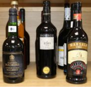 Seven assorted bottles of sherry, a Keo brandy, a Plessis Pineau, a marsala and a madeira