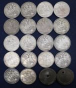 Eighteen Victoria silver crowns and two cartwheel twopence coins