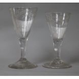 A pair of late 18th century engraved glass wines 11.5cm