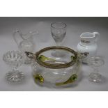 A Loetz style plate mounted glass bowl and five other items of glassware