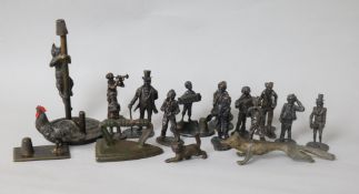 A group of assorted miniature bronze figures of Victorian street characters and other items