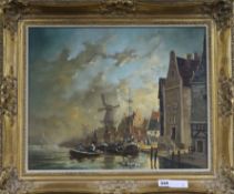 Gudrun Sibbons, oil on board, Dutch waterside scene, signed, 39 x 49cm