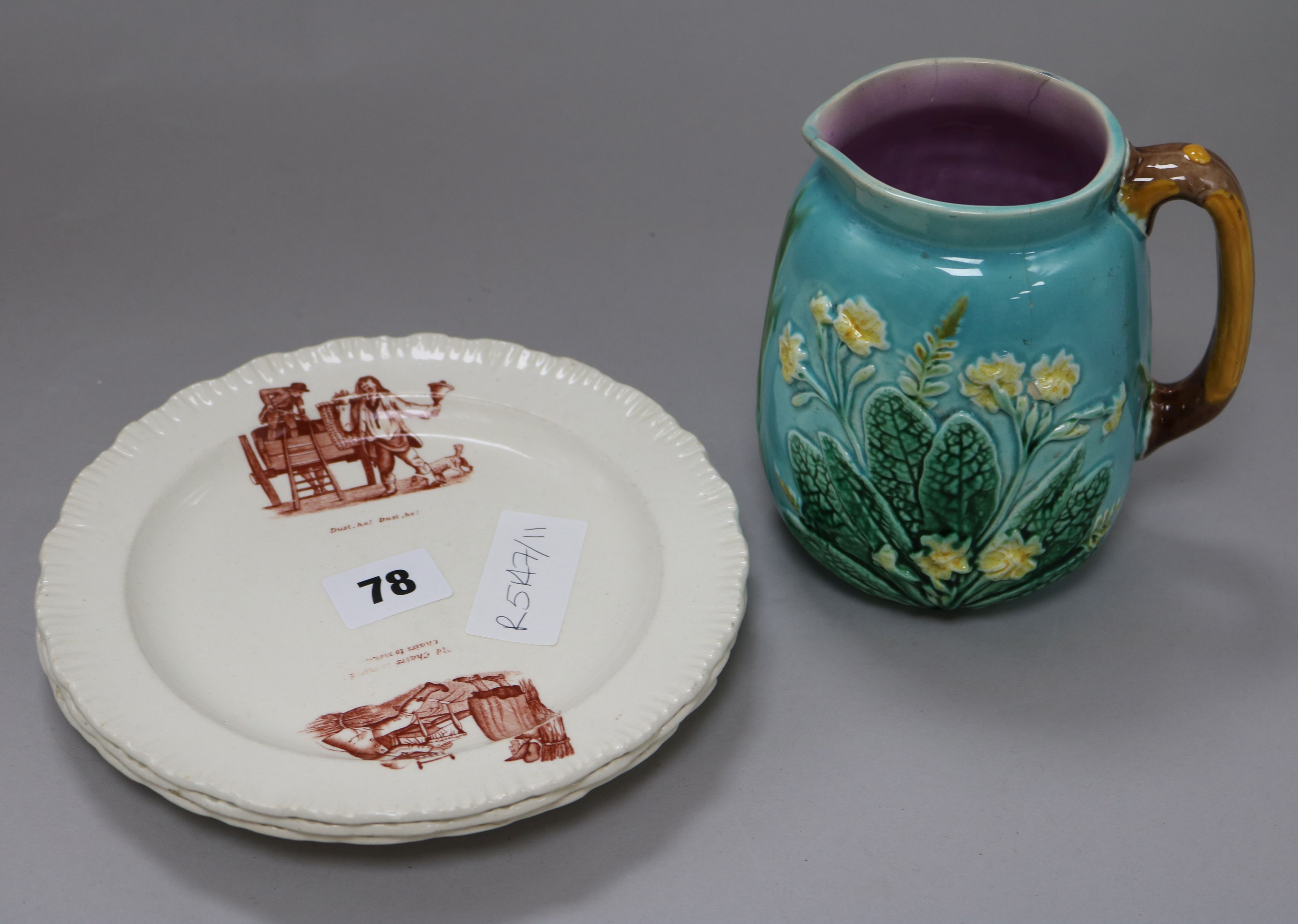 A Victorian Wedgwood Majolica jug, and a set of three plates printed with the Cries of London, jug