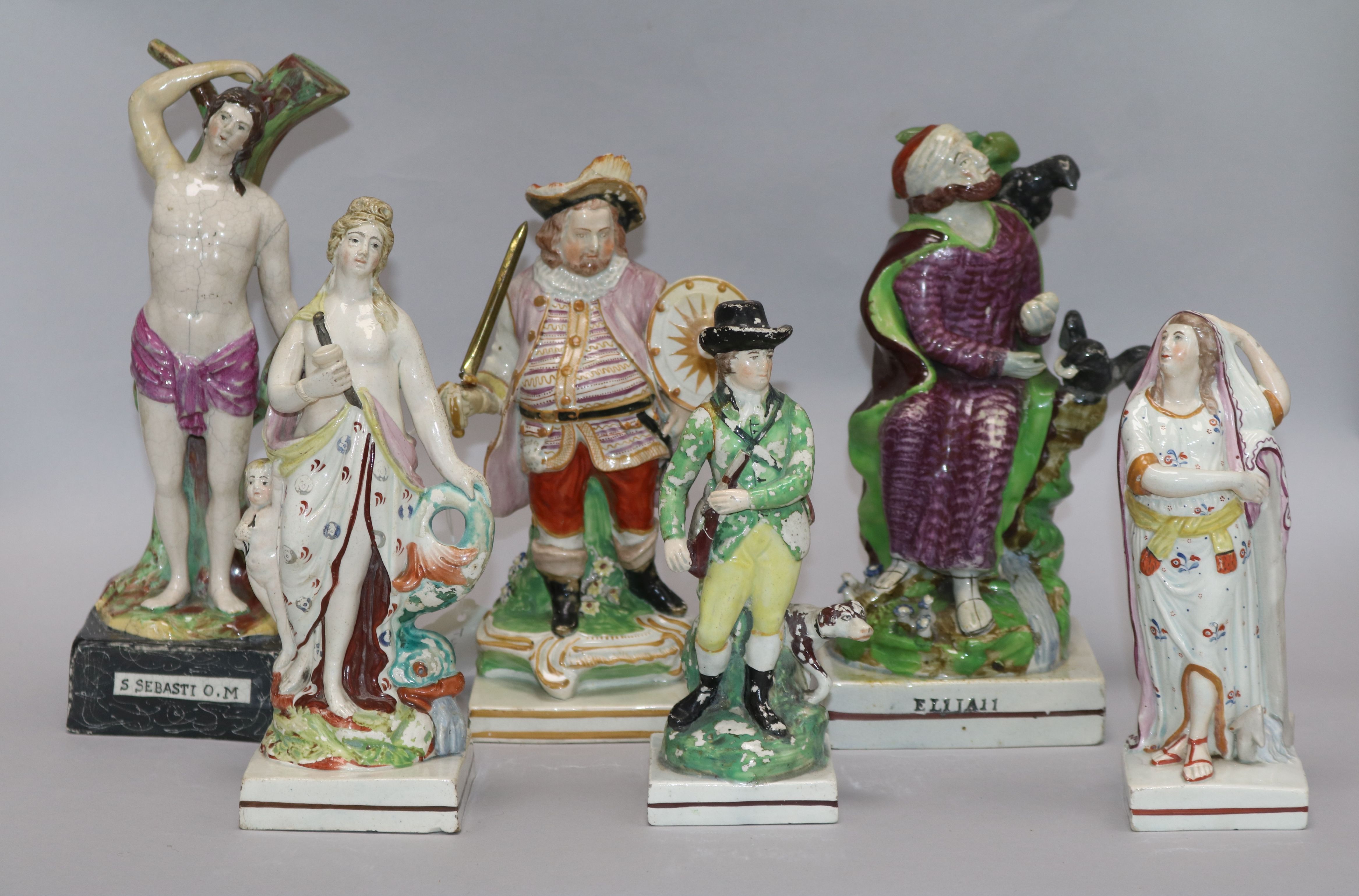 Six assorted early century Staffordshire square base figures largest 26cm