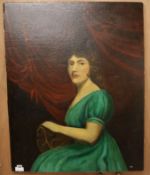 English School, oil on canvas, portrait of a lady wearing a green dress 96 x 75cm, unframed