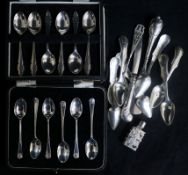 Two cased sets of silver tea spoons, one other Dutch set and other silver items.