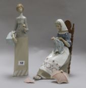 A Lladro figure of woman sewing and figure of girl with parasol Fig "Insular Embroideress", number