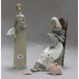 A Lladro figure of woman sewing and figure of girl with parasol Fig "Insular Embroideress", number