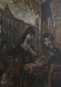 Manner of J B Yates, oil on wooden panel, cafe scene 45 x 33cm