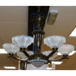 A 1930's French bronzed metal and opalescent glass light fitting