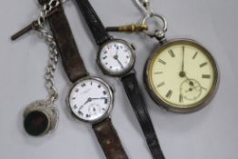 A late Victorian silver pocket watch, on silver albert with bloodstone fob and two silver wrist