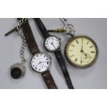 A late Victorian silver pocket watch, on silver albert with bloodstone fob and two silver wrist