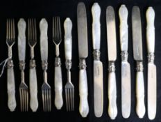 A set of six pairs of Victorian mother of pearl handled silver dessert eaters by John Gammage,