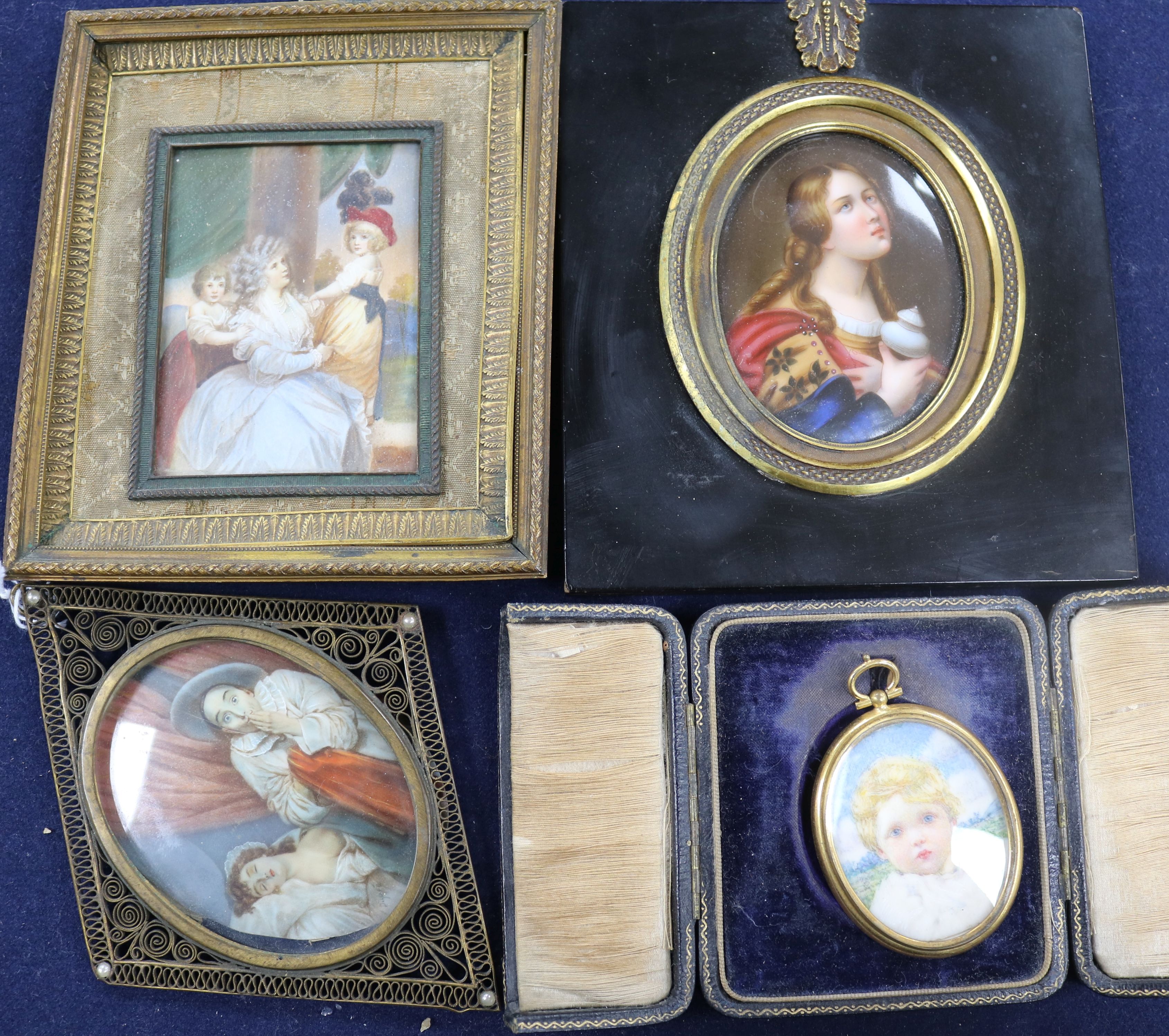 Four assorted miniatures including enamelled porcelain