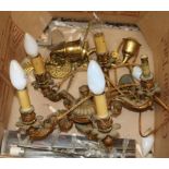 A 20th century ormolu five light electrolier, a pair of wall lights and sundries