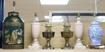 Six assorted table lamps and a wall light