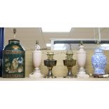 Six assorted table lamps and a wall light