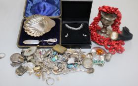 A quantity of silver and costume jewellery, a silver dwarf candlestick and a cased silver butter