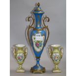 A Continental gilt metal mounted porcelain vase, 44cm and a pair of French porcelain vases, 16cm