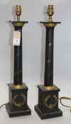 A pair of parcel guilt black painted table lamps Height: 57cm