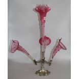 A late Victorian plated and cranberry glass epergne, height 59cm