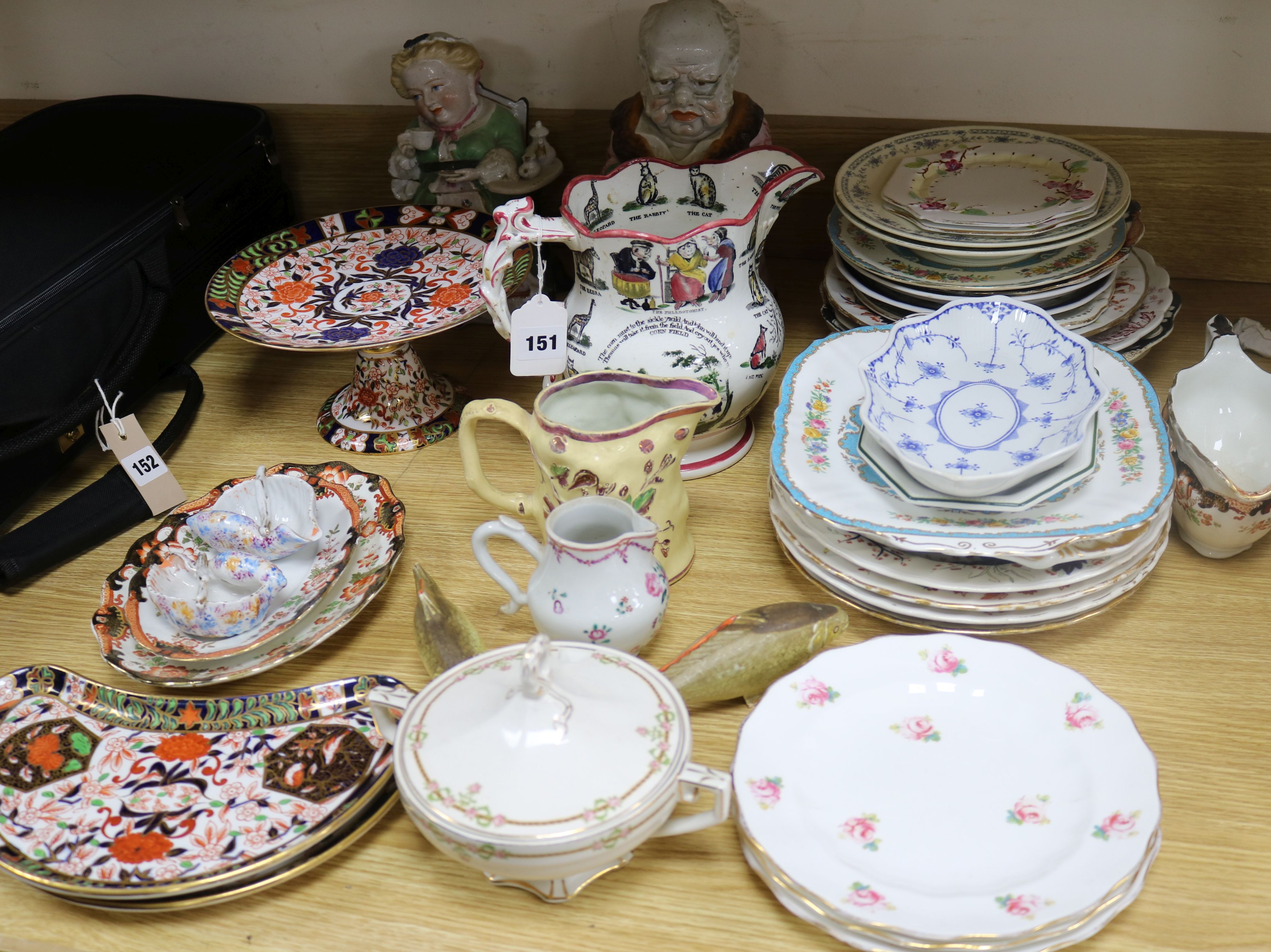 A collection of assorted ceramics including a 1835 animal jug, Crown Derby dishes and German