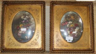 A pair of gilt framed pictures of flowers overall 38 x 32cm