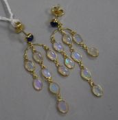 A pair of 14ct gold, white opal and sapphire "chandelier" drop earrings, 42mm