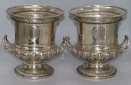 A pair of silver plated wine coolers, height 25cm