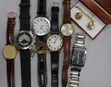 Six assorted gentleman's wrist watches and other miscellaneous items.