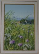 Paul Evans, gouache, 'Flowers and farm near Firle', signed 17.5 x 11cm