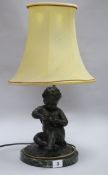 A late 19th century French bronze figure of a child holding a bird, now mounted as table lamp height