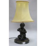 A late 19th century French bronze figure of a child holding a bird, now mounted as table lamp height