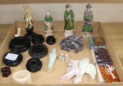 A collection of assorted ceramics and curios including three Chinese pottery figures and a carved